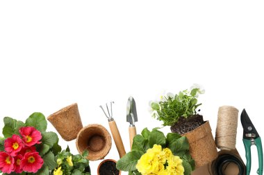 Bahçe işleri, parlak çiçekler ve bahçe aletleri beyaz ve PNG 'de izole edilmiş neşeli, ferah bir atmosfer yaratır.