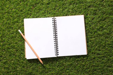 Çimlerin üzerinde kalem olan kağıt bir defter..