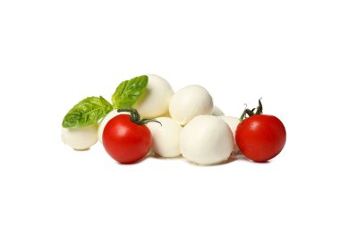 PNG, mozzarella peyniri, fesleğen ve domates topları, beyaz arka planda izole edilmiş.