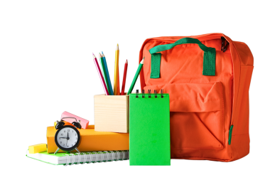 Çeşitli okul gereçleri ve beyaz arka planda bir sırt çantası, beyaz, PNG