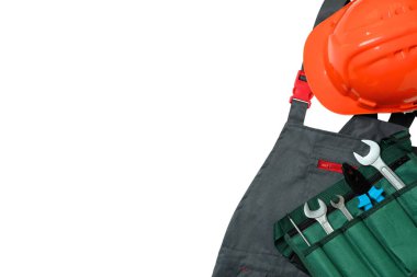 Güvenlik teçhizatı ve aletleri beyazlar üzerinde izole edilmiş çalışkan Amerikalılar için İşçi Bayramı 'nı temsil ediyor.