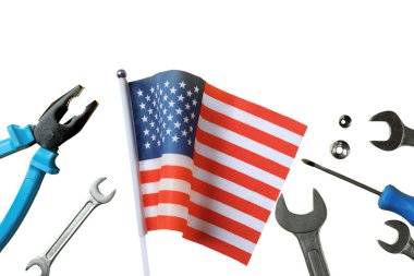 İşçi Bayramı 'nı kutlamak için beyaz üzerine izole edilmiş araçlar ve bir Amerikan bayrağı yerleştirildi.