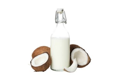 PNG, şişedeki hindistan cevizi sütü, beyaz arka planda izole edilmiş..