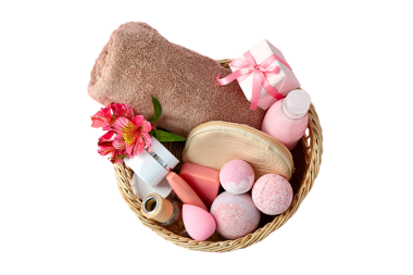 Rahatlamak için pembe spa sepeti, beyaza izole edilmiş, PNG