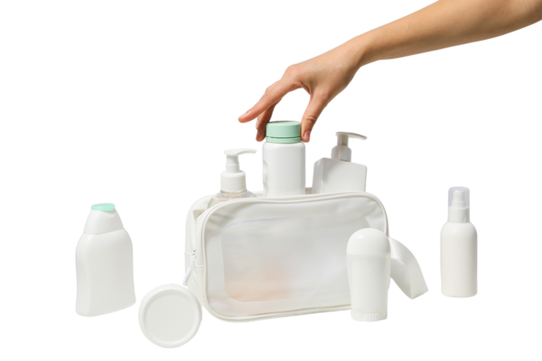 Kozmetikten yeşil kapsül şişesi seçiyor, beyazdan izole edilmiş, PNG