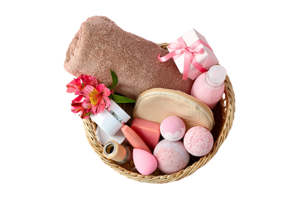 Rahatlamak için pembe spa sepeti, beyaza izole edilmiş, PNG