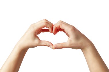 Eller bir kalp oluşturur, aşkı gösterir, bembeyaz.