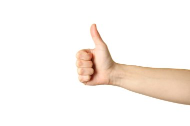 Onay ve pozitiflik için başparmak yukarı, beyaz üzerine izole