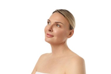 Kadın, parlak ışıkta huzur içinde, beyaz üzerine izole edilmiş, PNG 'ye bakıyor.