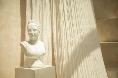 Güneşli bir sanat galerisinde zarif bir mermer büst duruyor.