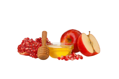 Elma dilimleri, bal ve nar, beyaz üzerine izole edilmiş, PNG.