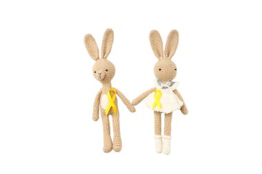 Sarı kurdeleli iki tavşan, beyaz üzerinde izole edilmiş, PNG