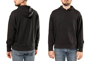 Siyah kapüşonlu şık bir erkek model, beyaz üzerine izole edilmiş, PNG.