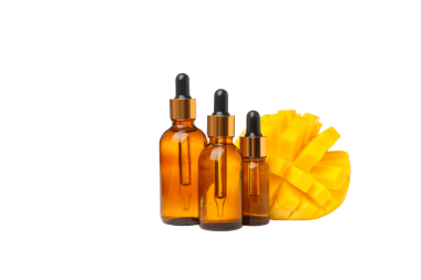 3 kehribar damlası şişesi ve mango, beyaz üzerine izole edilmiş, PNG