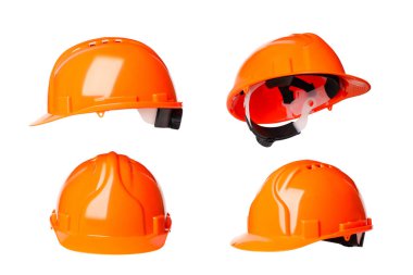 Turuncu kasklar İşçi Bayramı 'nda güvenliği sağlar, beyaza izole edilmiş, PNG