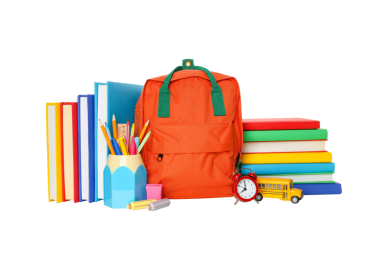 Canlı kitaplar ve malzemelerle dolu turuncu sırt çantası, beyaz üzerine izole edilmiş, PNG