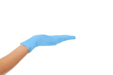 Mavi eldivenli el demo için hazır, beyazda izole edilmiş, PNG