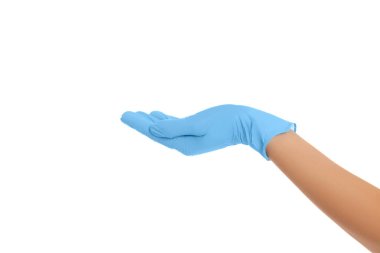 Mavi eldivenli el muayeneye hazır, beyaz üzerine izole edilmiş, PNG