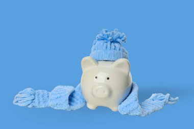 Fularlı ve şapkalı domuz kumbarası kış tasarruflarını gösteriyor