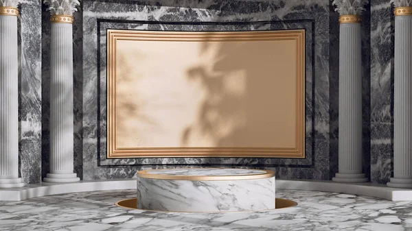Podium Exibição Produto Mármore Luxo Com Moldura Dourada Espaço Vazio — Fotografia de Stock