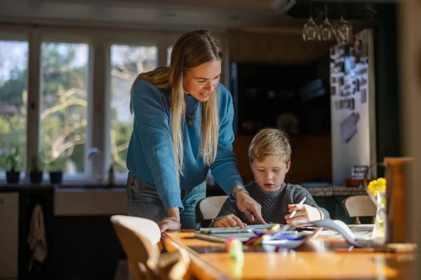 Ödevi Evde Oğluyla Anne Yardım — Stok fotoğraf