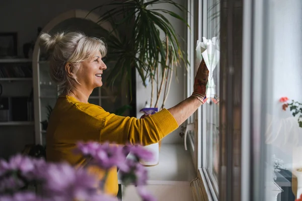 Reife Frau Putzt Fenster Ihrem Haus — Stockfoto