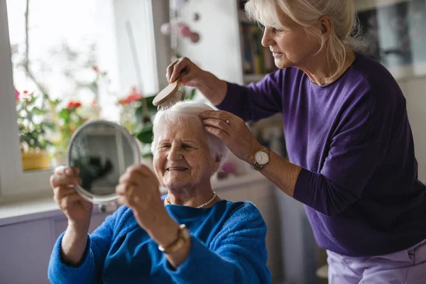 Woman Combing Hair Elderly Mother — Stock Photo, Image