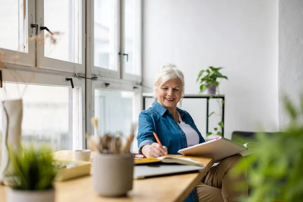Smiling Mature Businesswoman Writing Notebook While Sitting Table Office — Stock Photo, Image