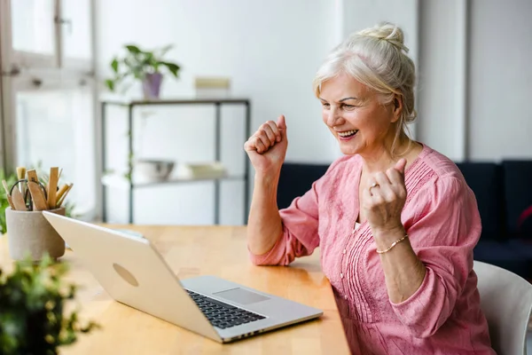 Cheerful Senior Woman Using Laptop Living Room Home — Stock Photo, Image