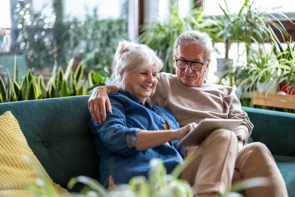 一对快乐的老夫妇坐在客厅的沙发上 一边用数码平板电脑 免版税图库照片