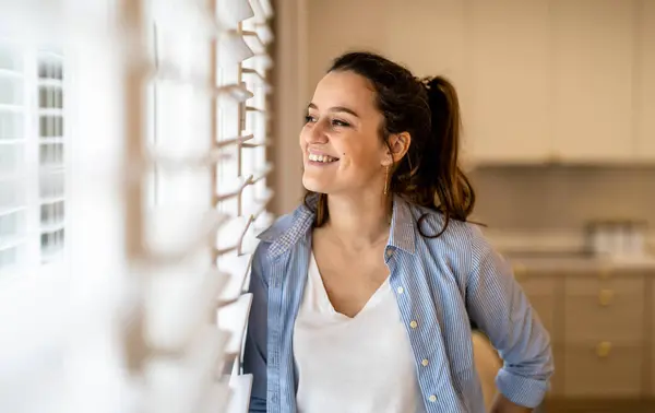 Portrait Beautiful Young Woman Standing Kitchen Home Stock Photo
