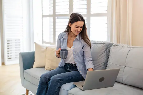 Portrait Smiling Woman Working Laptop Home Stock Image