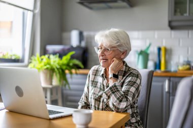 Evde dizüstü bilgisayar kullanan yaşlı bir kadın.