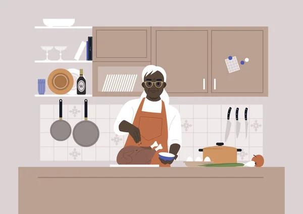 Jour Thanksgiving Personnage Féminin Africain Senior Cuisine Une Dinde Rôtie — Image vectorielle