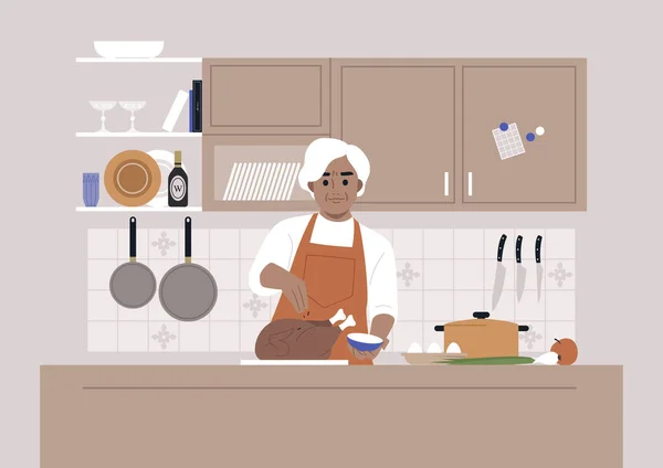 Şükran Günü Son Sınıf Beyaz Bir Kadın Karakter Mutfakta Kızarmış — Stok Vektör