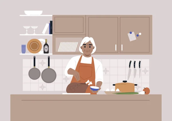 Día Acción Gracias Una Mujer Mayor Raza Caucásica Cocinando Pavo — Archivo Imágenes Vectoriales