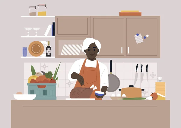 Erntedankfest Eine Ältere Afrikanische Frau Kocht Einer Küche Einen Gebratenen — Stockvektor