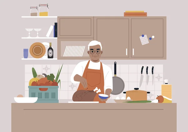 Şükran Günü Son Sınıf Beyaz Bir Erkek Karakter Mutfakta Kızarmış — Stok Vektör