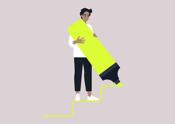 Νεαρός Καυκάσιος Χαρακτήρας Ζωγραφίζει Σκάλες Ένα Τεράστιο Νέον Κίτρινο Highlighter — Διανυσματικό Αρχείο
