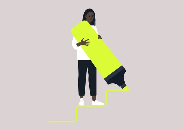 Mladá Žena Africké Postavy Kreslení Schodiště Kroky Obrovským Neonově Žlutý — Stockový vektor