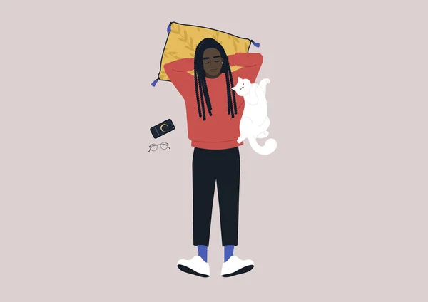 Jeune Personnage Africain Féminin Faisant Une Sieste Une Journée Avec — Image vectorielle
