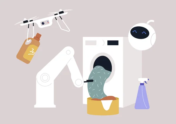 Roboty Robiące Pranie Oddzielające Tekstylia Przynoszące Detergenty Zarządzające Procesem Nowoczesnym — Wektor stockowy