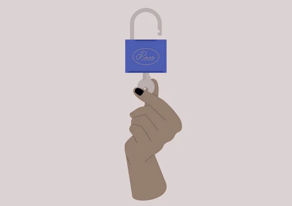Χέρι Άνοιγμα Λουκέτο Μεταλλικό Κλειδί Πρόσβαση Χορηγείται — Διανυσματικό Αρχείο