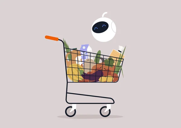 食料品でいっぱいのスーパーマーケットのカートをチェックするロボット ファーマーズマーケットエココンセプト — ストックベクタ