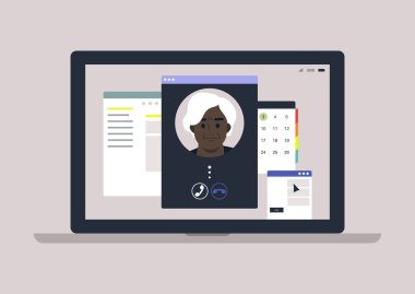 Üst üste binen program pencereli bir dizüstü bilgisayar ekranı, yaşlı ebeveyn ya da denetleyiciden bir video çağrısı