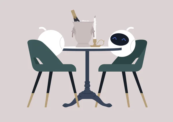 Zwei Roboter Bei Einem Date Einem Restaurant Eine Romantische Szene — Stockvektor