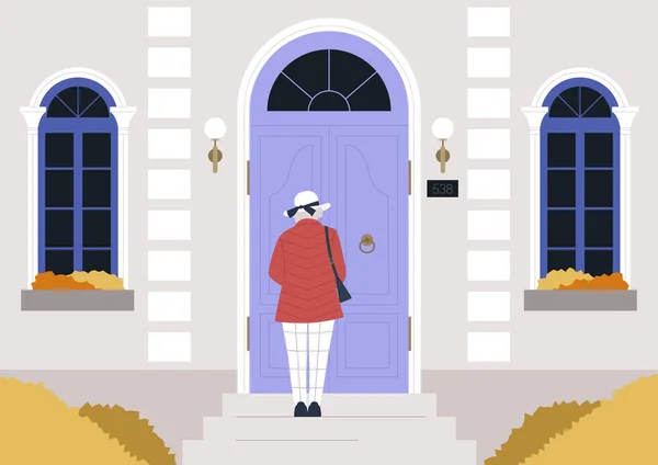 秋の街の玄関を通って建物を訪れる老婦人 — ストックベクタ