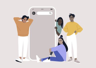 Bir grup farklı genç karakter bir cep telefonu şablonu etrafında toplandı, uzay konseptini kopyala, buradaki metnin