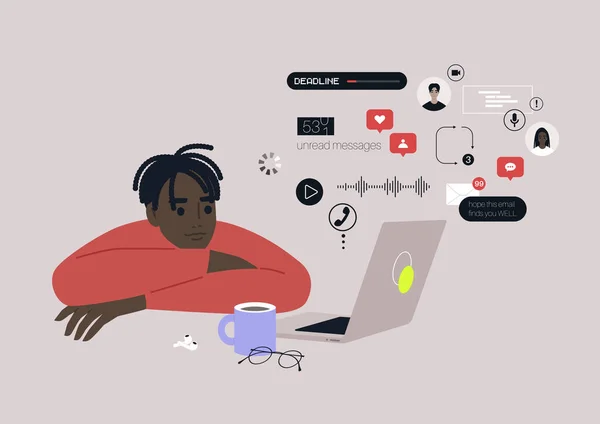 一个年轻的非洲男性角色 忙于网上通知 电子邮件 社交媒体反应和其他数字活动 — 图库矢量图片