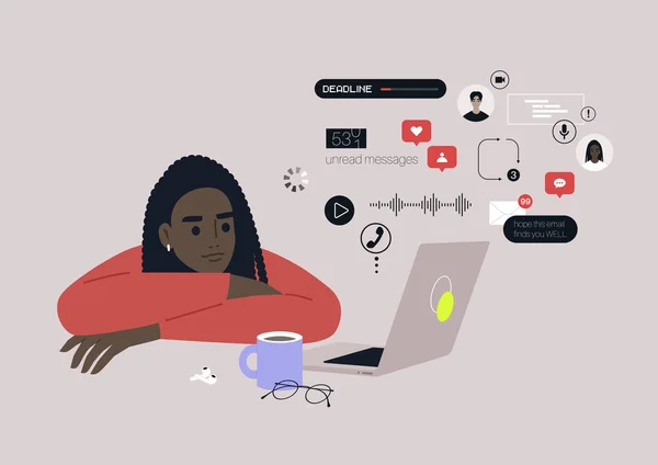Eine Junge Weibliche Afrikanische Figur Wird Mit Online Benachrichtigungen Nachrichten — Stockvektor